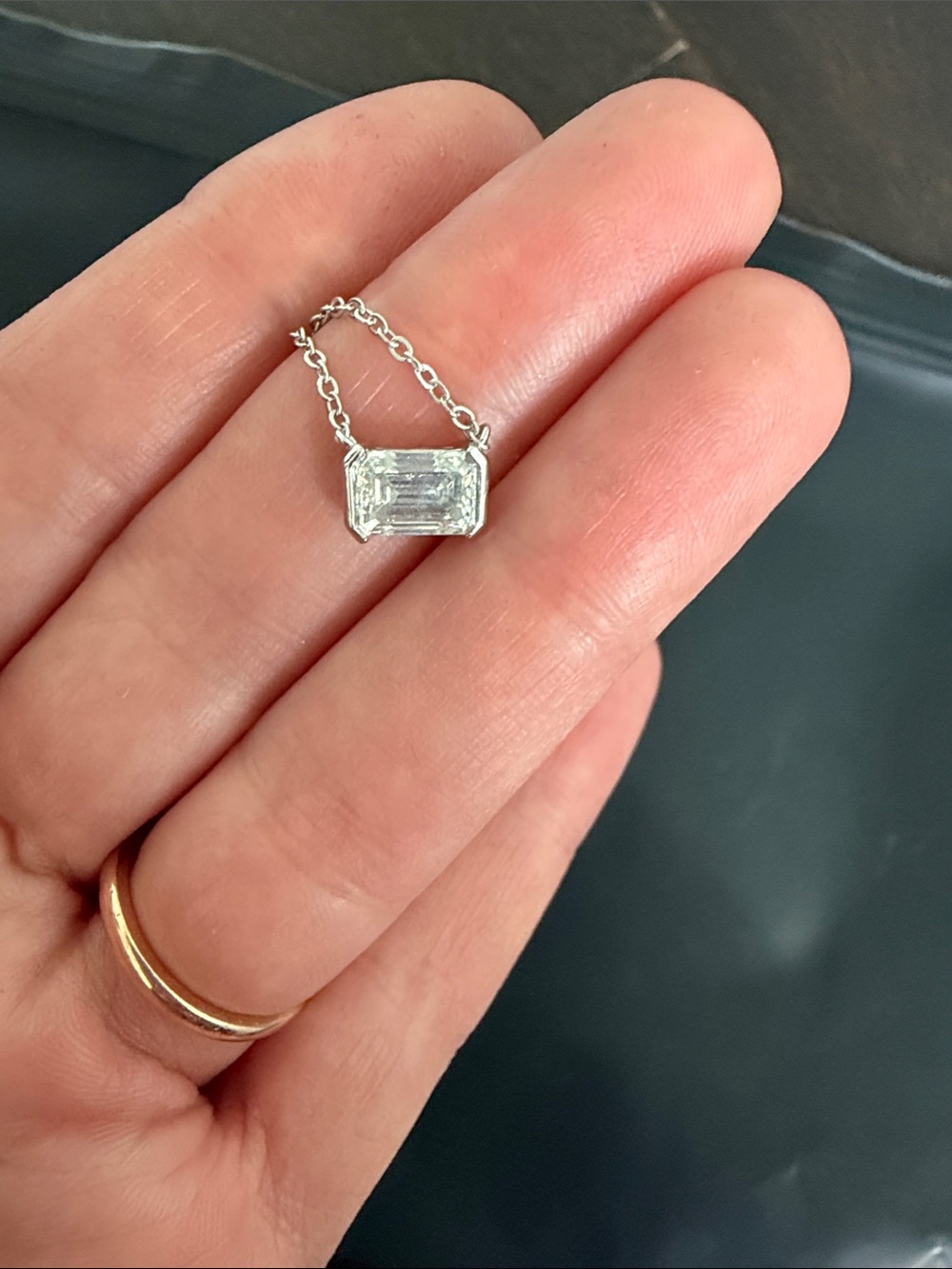 New 1ct Emerald Cut Moissanite Bezel Necklace Silver 18" Triple Excellent GRA